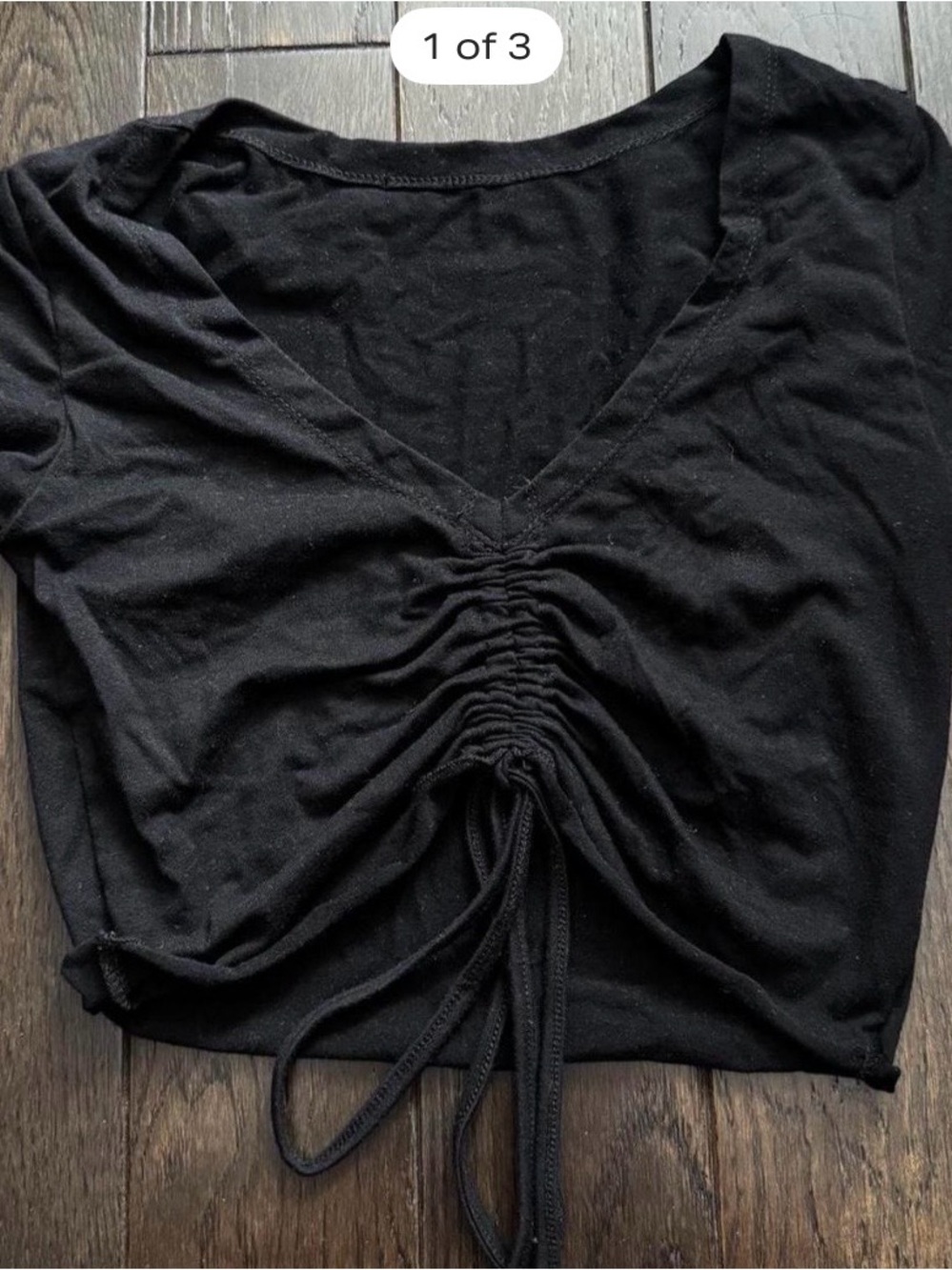 Black Ruched Drawstring V-Neck Women's Top